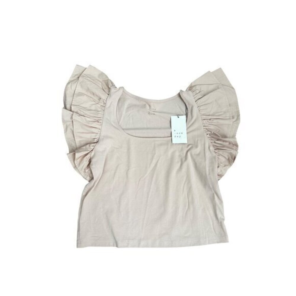 A New Day Beige Flutter Sleeve Top Womens S Cotton Blend Stylish